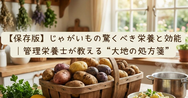 温かい自然光が差し込むキッチンで、種類豊富な土付きじゃがいもがたっぷり入った木製バスケットを中心に、ポテトサラダやレモン、ハーブが並ぶテーブルの様子。「【保存版】じゃがいもの驚くべき栄養と効能|管理栄養士が教える“大地の処方箋”」というタイトル文字が配置されている。 温かい自然光が差し込むキッチンで、種類豊富な土付きじゃがいもがたっぷり入った木製バスケットを中心に、ポテトサラダやレモン、ハーブが並ぶテーブルの様子。「【保存版】じゃがいもの驚くべき栄養と効能|管理栄養士が教える“大地の処方箋”」というタイトル文字が配置されている。
